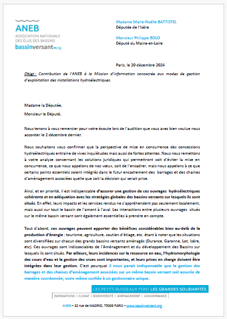 Contribution de l’ANEB à la Mission d’information consacrée aux modes de gestion d’exploitation des installations hydroélectriques.